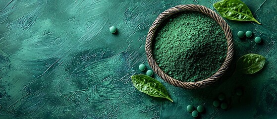 Vibrant green spirulina powder in a woven basket is perfect for World Vegan Month, promoting health, wellness, and organic lifestyles. Ideal for vegan blogs and clean eating events.