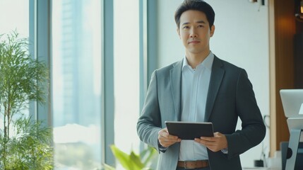 Fototapeta premium An Asian man in a suit and white shirt is standing in an office holding a tablet. He is looking at the camera. The office is bright and has large windows.
