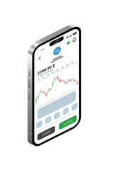 The interface of the investment application is displayed on the smartphone screen. Isometric isolated vector illustration