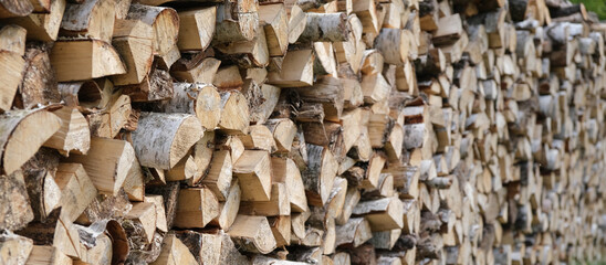 Textured close-up of stacked firewood, showcasing patterns of natural wood grain.