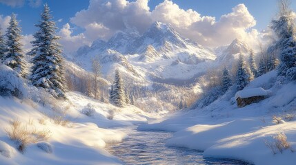 Obraz premium Serene winter landscape with mountains and a flowing river.