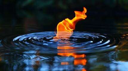 A flame reflected in a pool of water, with the ripples distorting the fiery image