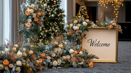 This stunning wedding welcome sign, set in a beautiful venue, is framed with gold and embellished with delicate pastel flowers, inviting guests to the celebration