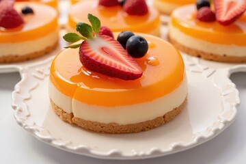 Fresh fruit topped mini cheesecakes with glazed orange layer for dessert celebrations and party delights.