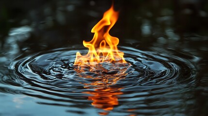 A flame reflected in a pool of water, with the ripples distorting the fiery image