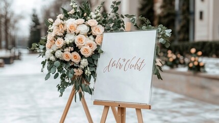 A clear acrylic wedding sign awaits personalization on an easel, framed by beautiful flowers and greenery, adding a touch of elegance to the rustic venue setting