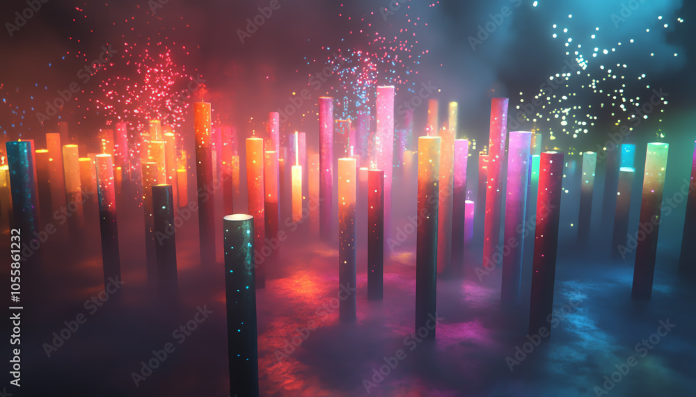 Poster illuminating the night a vibrant display of firecrackers bursting through the foggy atmosphere in co