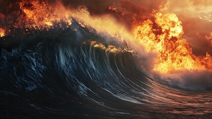 A wave of water crashing against a wall of fire, symbolizing the clash of two opposing forces