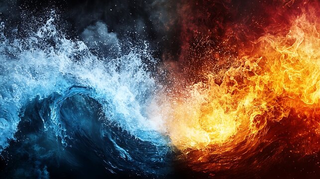 A wave of water crashing against a wall of fire, symbolizing the clash of two opposing forces