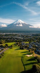 Mount Fuji towers over vibrant rice fields and quaint houses, bathed in natural light under a vivid...