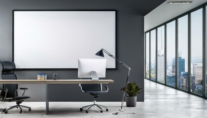 Modern office interior with large blank poster frame on the wall. 3D Rendering