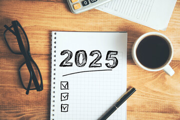 New year resolutions 2025 on desk. 2025 goals list