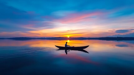 Silhouetted Person Rowing a Boat on a Calm Lake at Sunset
