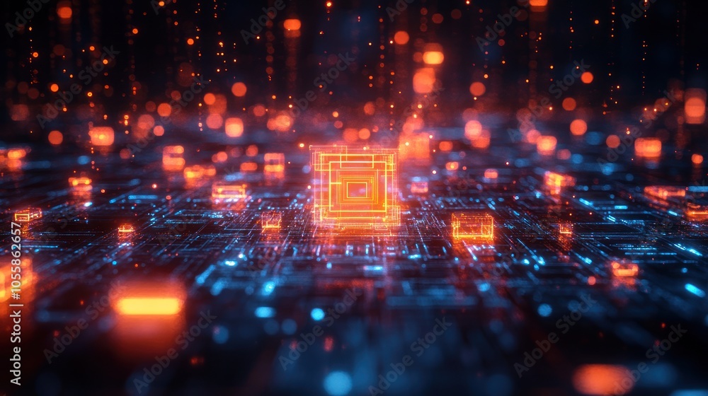 Aufkleber abstract digital landscape with glowing circuitry and data flow.