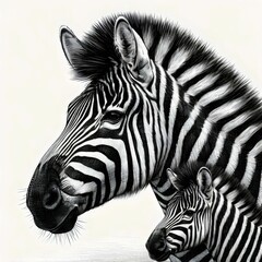 Zebra with foal, isolated on white.  Black and white illustration.