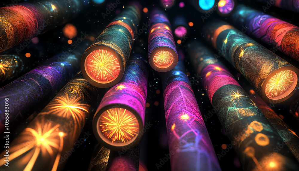 Poster explosive night a dazzling display of firecrackers illuminating the sky with vibrant colors and patt