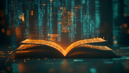 An open book with glowing text, symbolizing knowledge and discovery. Open book revealing futuristic data network for design and innovation.