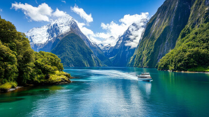 Fototapeta premium A stunning view of Milford Sound with snow-capped mountains, clear blue waters, and a small boat cruising through.
