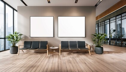 Modern office waiting area with two blank posters on the wall. 3D Rendering