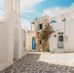 A beautiful corner of a traditional village in Paros, Greece, featuring whitewashed walls, a vibrant bougainvillea tree, and a characteristic blue door. 