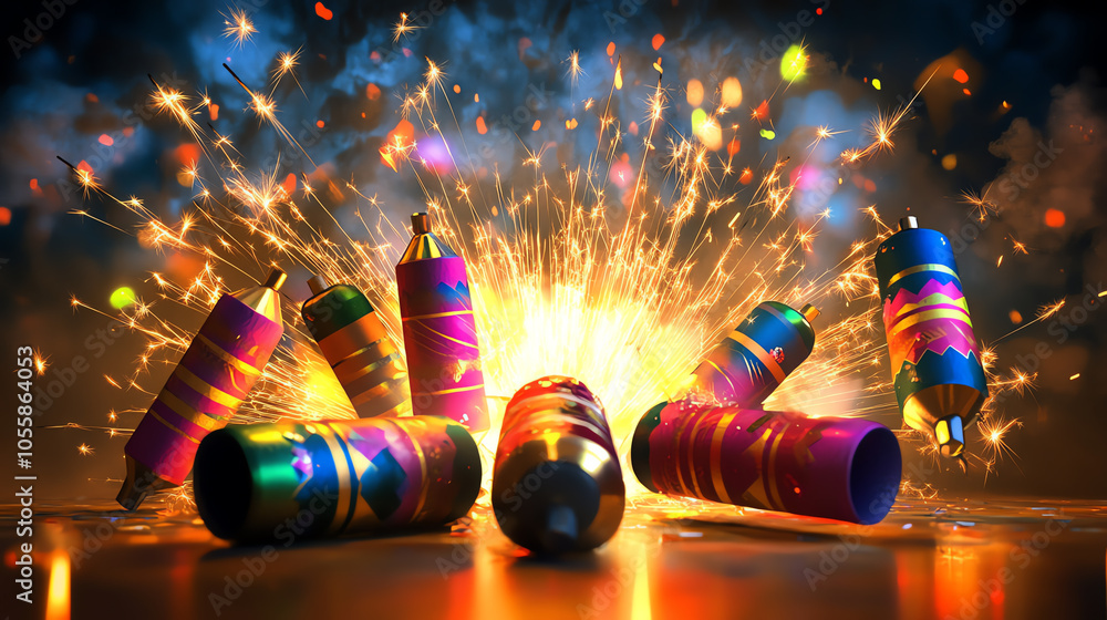 Poster vibrant firecrackers igniting a colorful night sky with dazzling spark patterns and explosive displa