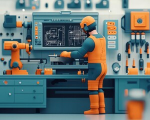 Technician in exoskeleton suit, performing highprecision tasks, techaugmented labor support