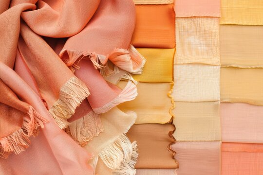 Various fabrics in color palette trendy PANTONE 13 1023 Peach Fuzz for 2024