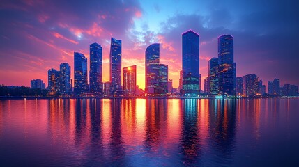 Obraz premium Modern Skyscrapers Reflecting in Water at Sunset