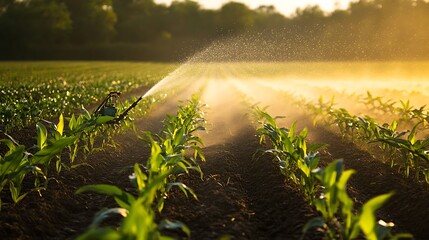 A sprinkler spraying water over a field of young corn plants