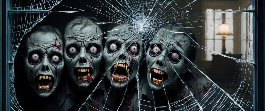 Scary zombies breaking through window in a house
