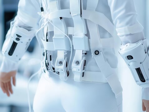 Hightech exoskeleton suit with sensors, assisting surgeon, smart healthcare robotics