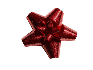 A closeup of a red, sparkly gift bow with a white background PNG