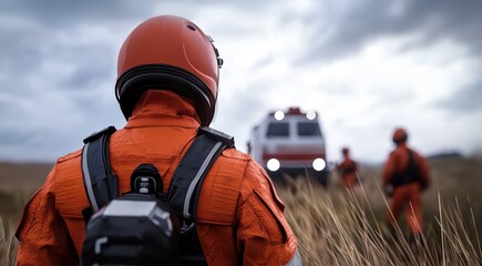 Obraz premium Rescue team in orange suits preparing for an emergency response mission.