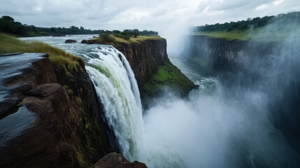 Fototapeta premium A view of Victoria Falls from the Zimbabwean side, with water cascading over the cliffs and mist rising into the air.