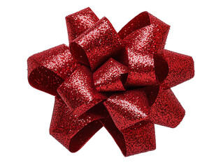 A closeup of a red, sparkly gift bow with a white background PNG
