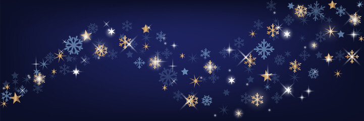 Long magic winter banner. Snowflakes on a blue background for a website, print, banner. Vector graphics.