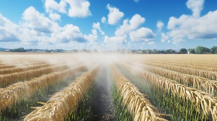 Water being sprayed over rows of wheat in an agricultural field under a blue sky
