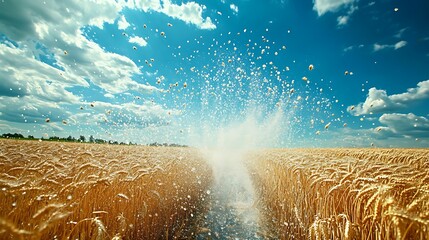 Water being sprayed over rows of wheat in an agricultural field under a blue sky