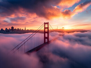 The Golden Gate Bridge in San Francisco, shrouded in mist, with the city skyline in the distance.