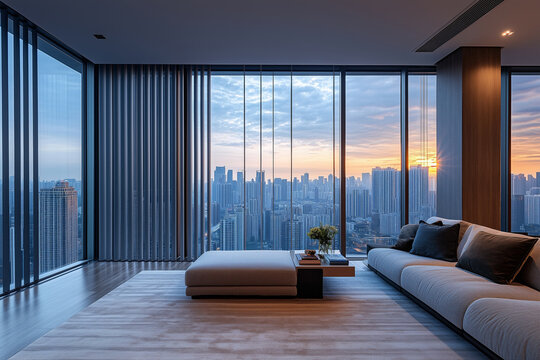 Fototapeta City apartment with panoramic windows covered by gray vertical blinds, offering a view of the urban skyline in the background.