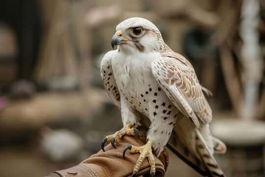 White and Beige Falcon perched on leather glove Falconry is hunting with trained bird of prey - Powered by Adobe