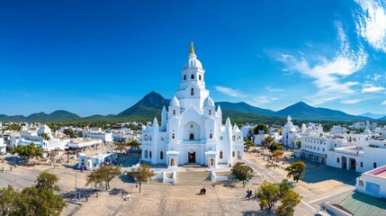 Fototapeta premium White Church with Mountains in Background Aerial View