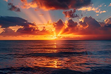 Obraz premium Stunning sunset over the ocean with vibrant colors and clouds.