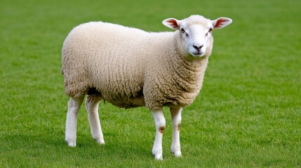 Obraz premium Fluffy White Sheep Standing in Green Grass Field