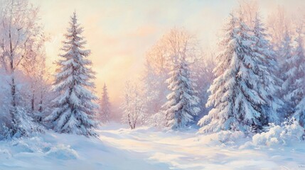 The sunrise shines on the snow-covered pine trees