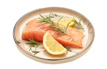 Red fish. Raw salmon fillet with rosemary and lemon on plate isolated on white background.