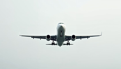 Obraz premium A commercial passenger jet aircraft in flight, with its nose and engines visible against a gray sky