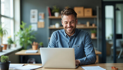 Fototapeta premium A middle-aged Caucasian man with short brown hair and a beard, wearing a blue shirt, smiling while working on a laptop computer on a desk in a home office setting