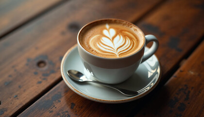 A cup of cappuccino or latte with a heart-shaped foam design on the surface, sitting on a wooden table