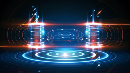 Obraz premium Abstract magnetic field visualization, in dark empty space, with luminous lines and arrows representing the magnetic flow around a central object 